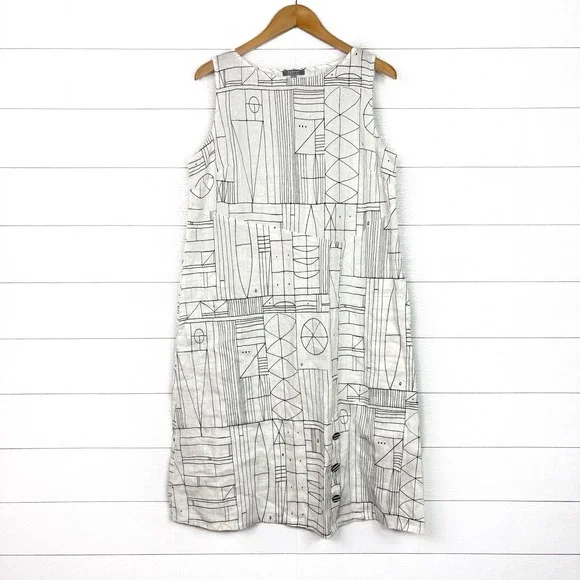 Habitat White Geometric Abstract Print Sleeveless Dress Linen Cotton Medium - Picture 1 of 6